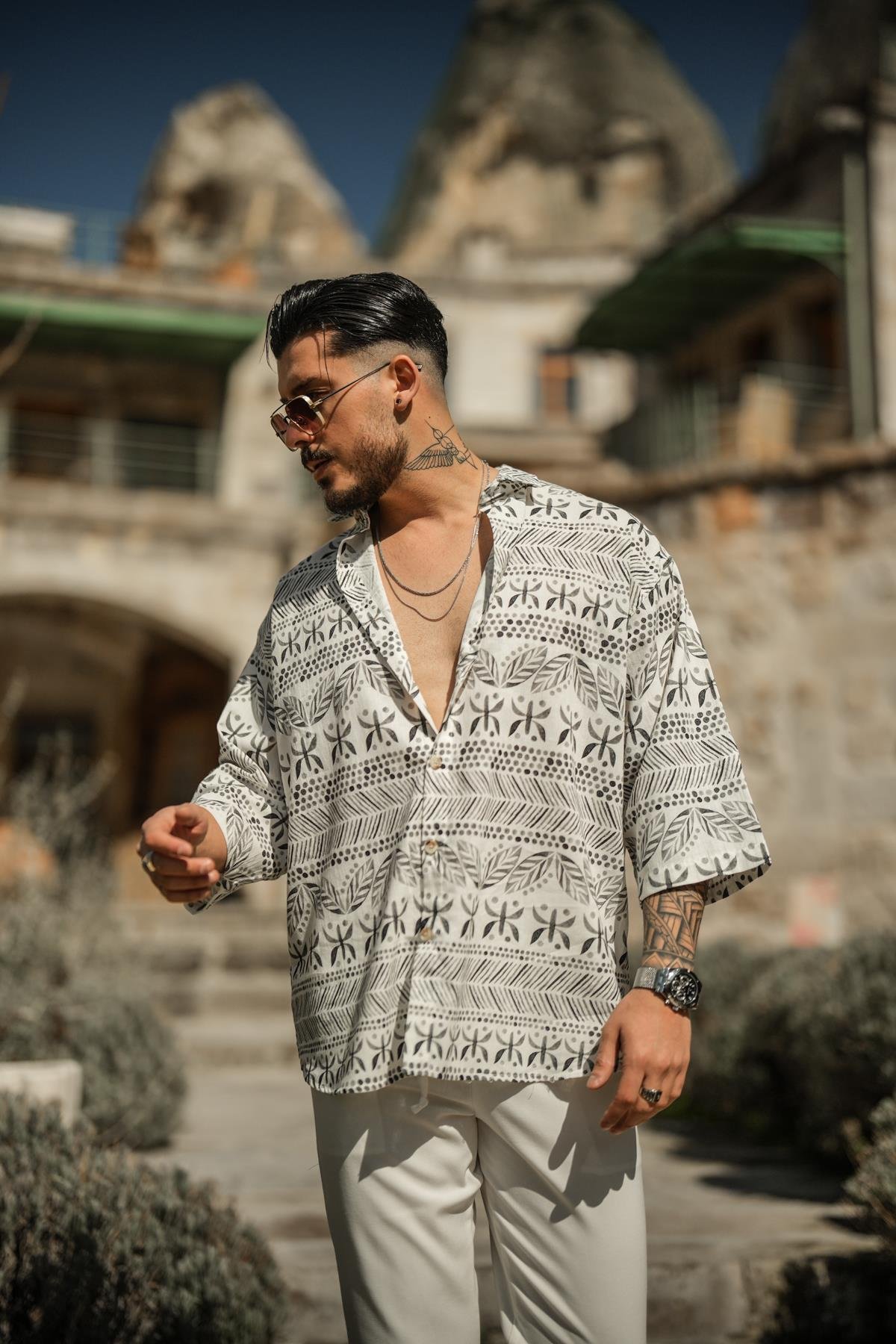 Otantik Desenli Oversize Fakir Kol Gömlek Siyah