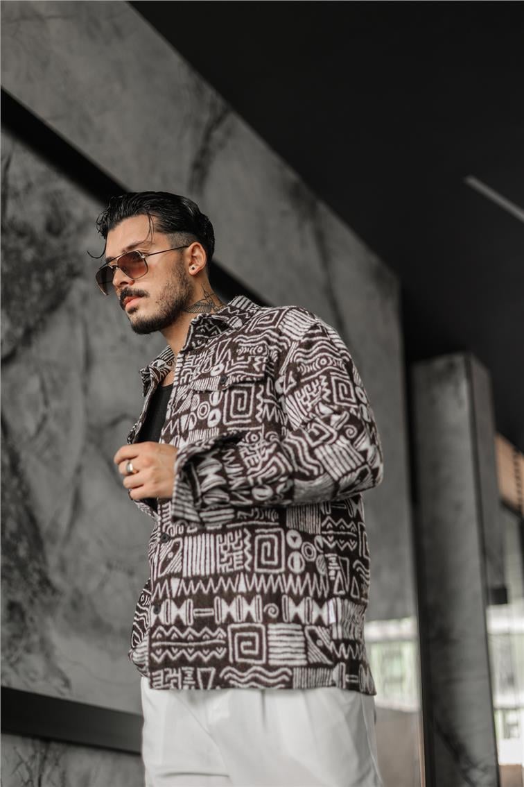 Otantik Desenli Oversize Oduncu Gömlek Kahve