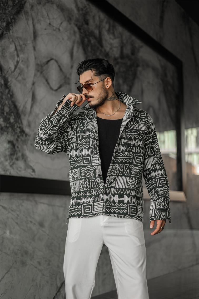 Otantik Desenli Oversize Oduncu Gömlek Haki