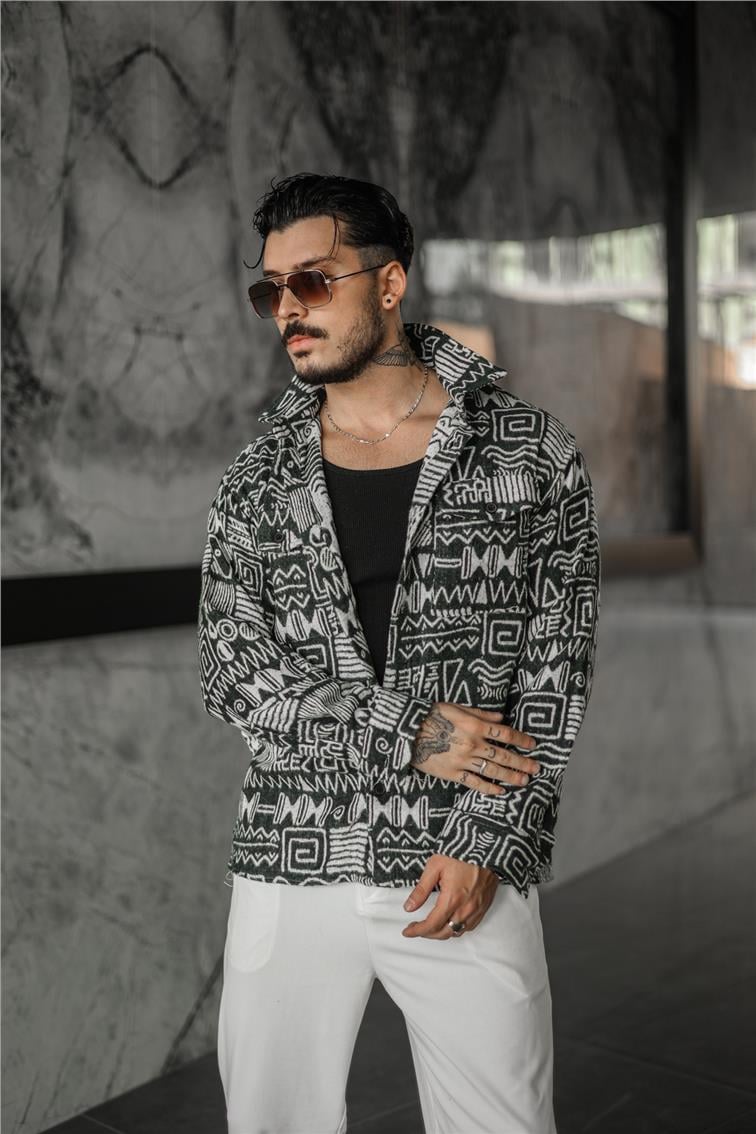 Otantik Desenli Oversize Oduncu Gömlek Haki