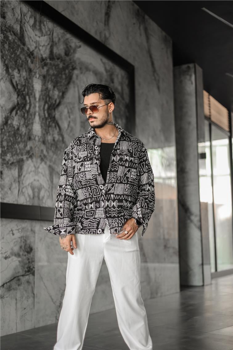 Otantik Desenli Oversize Oduncu Gömlek Siyah