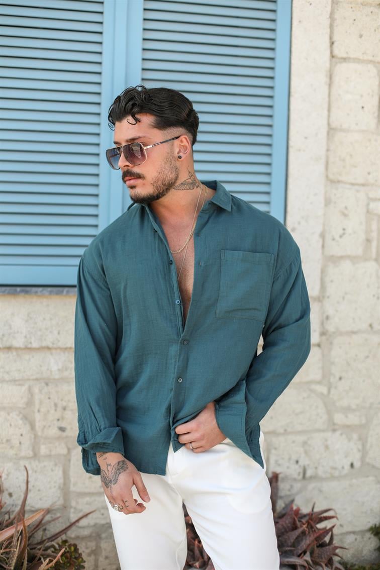 Oval Kesim Müslin Oversize Gömlek Turkuaz