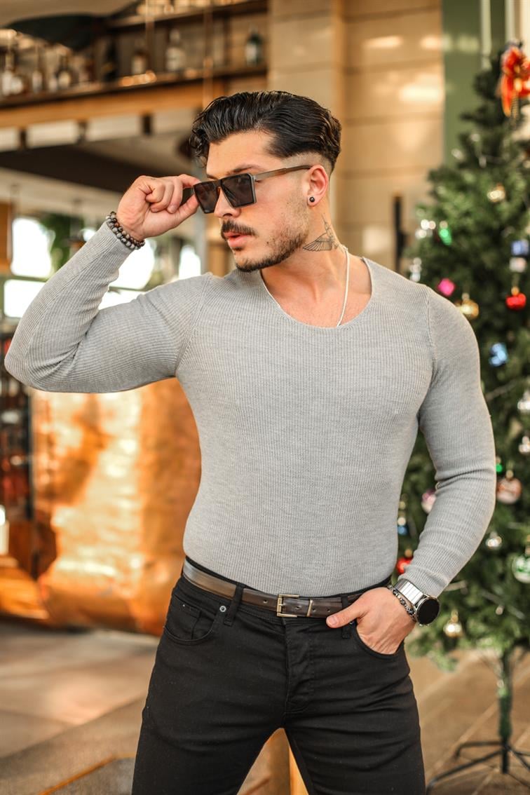 Oval Yaka Örgülü Slim Fit Kazak Gri