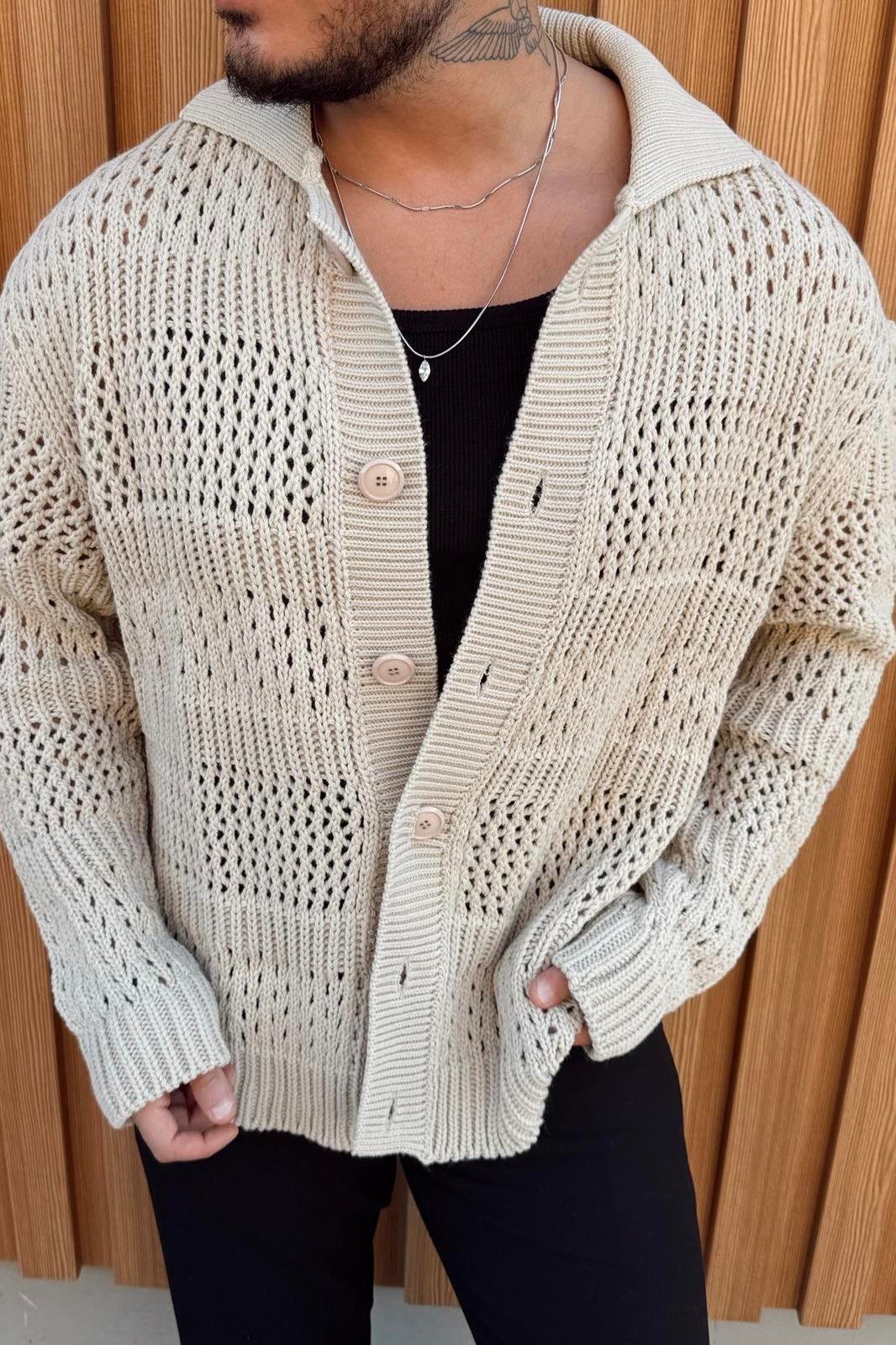 Oversize Düğmeli Örgü Hırka Krem