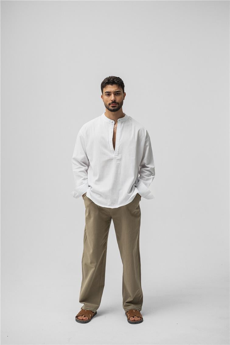 Oversize Keten T-Shirt Beyaz