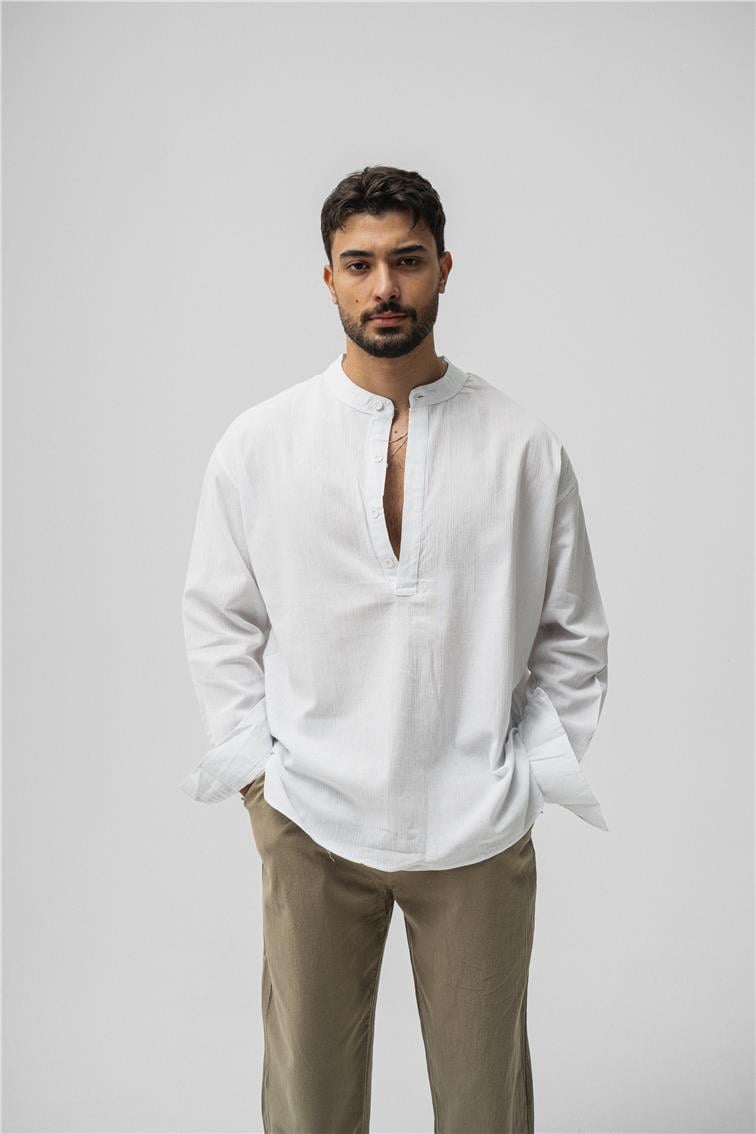 Oversize Keten T-Shirt Beyaz
