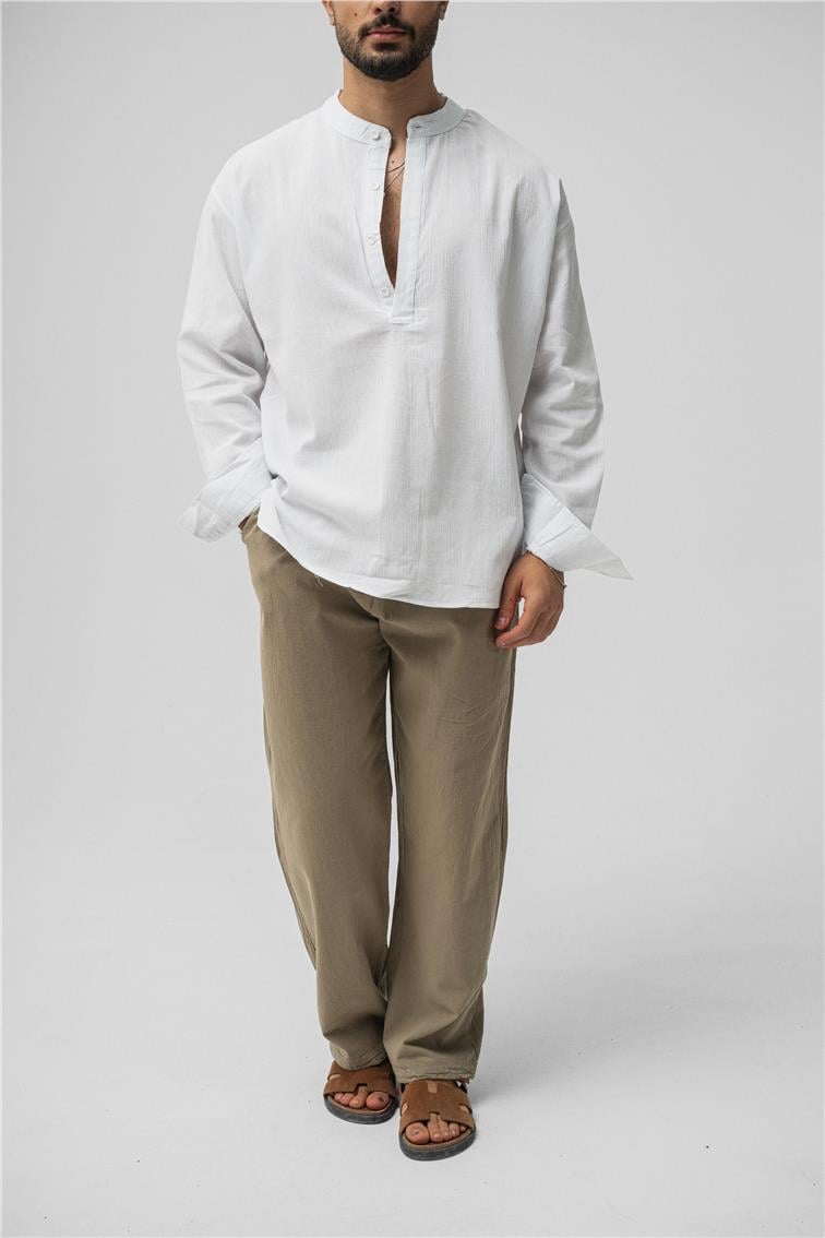 Oversize Keten T-Shirt Beyaz