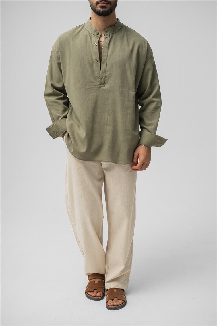 Oversize Keten T-Shirt Haki