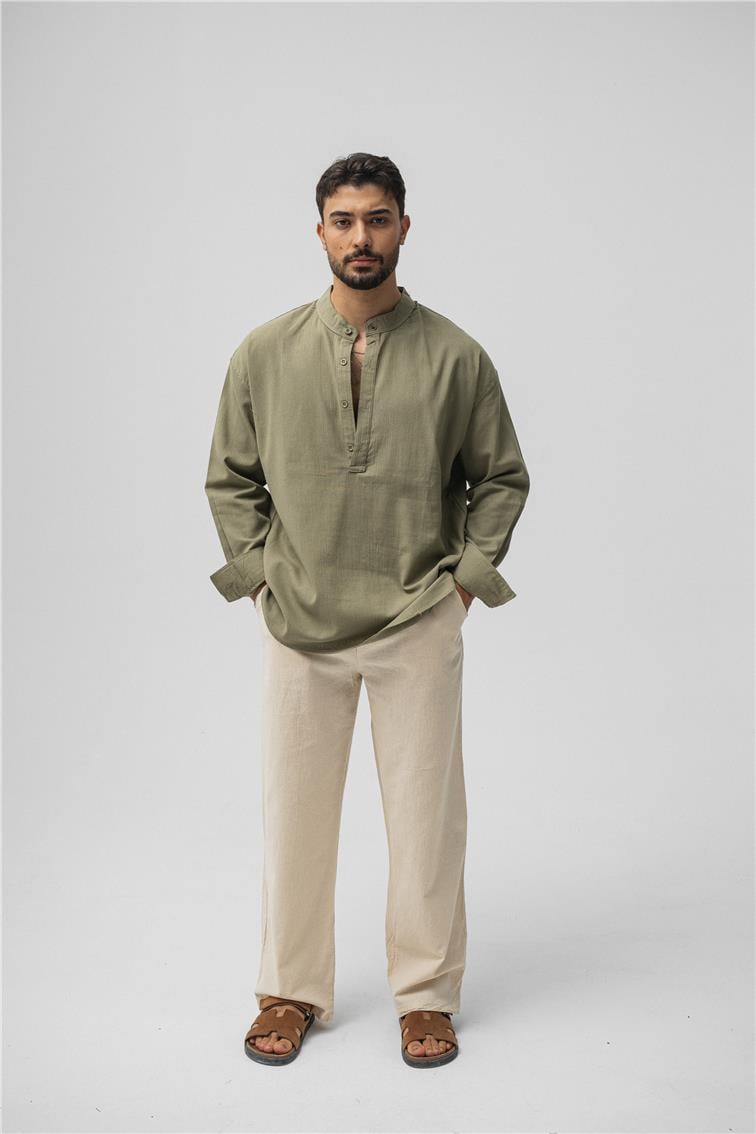 Oversize Keten T-Shirt Haki