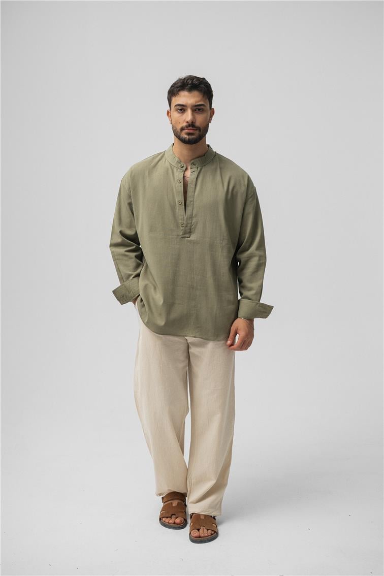Oversize Keten T-Shirt Haki