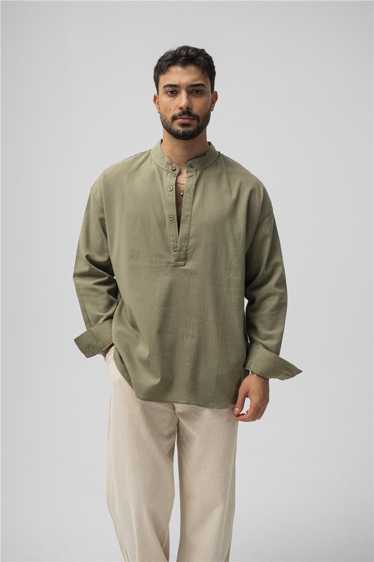 Oversize Keten T-Shirt Haki