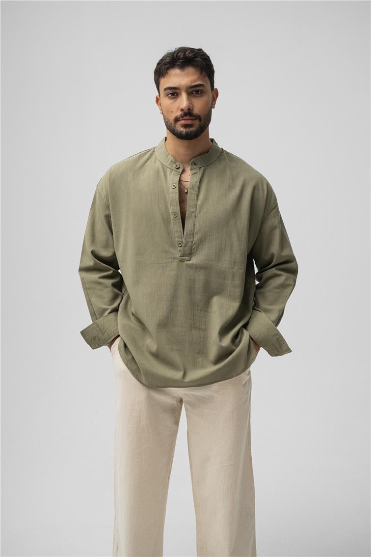 Oversize Keten T-Shirt Haki