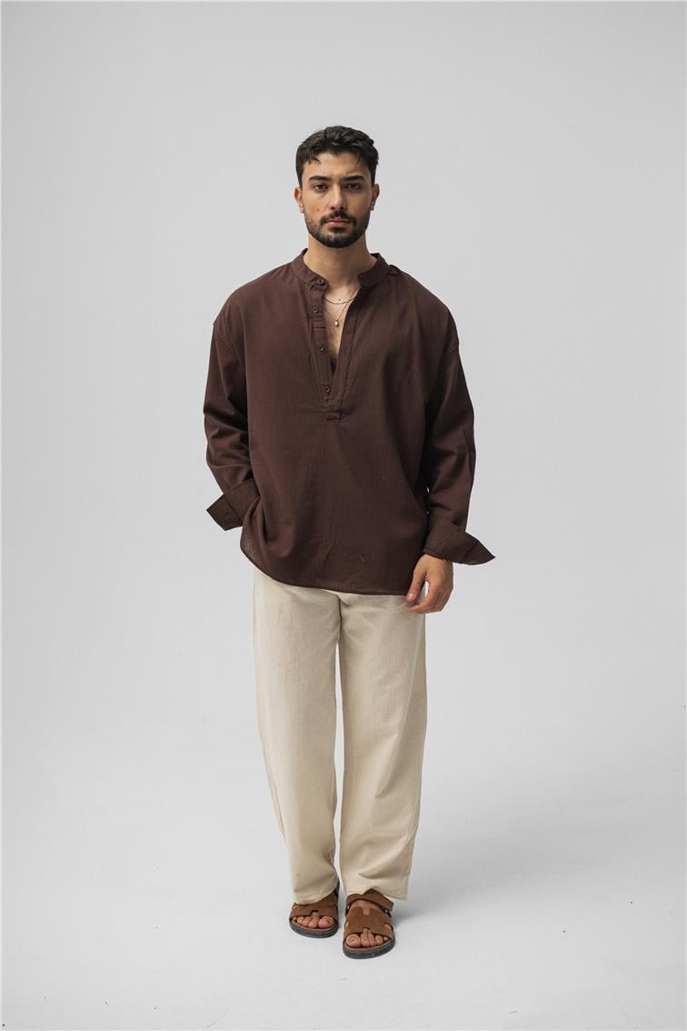 Oversize Keten T-Shirt Kahve