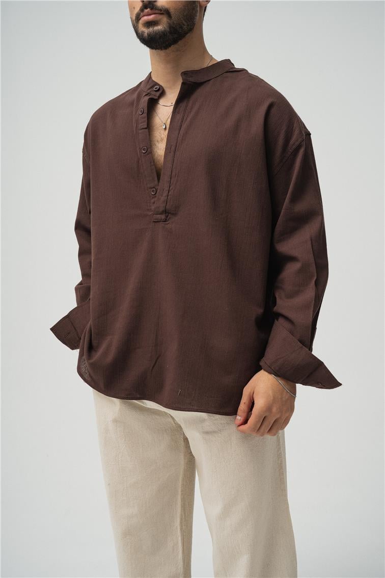 Oversize Keten T-Shirt Kahve