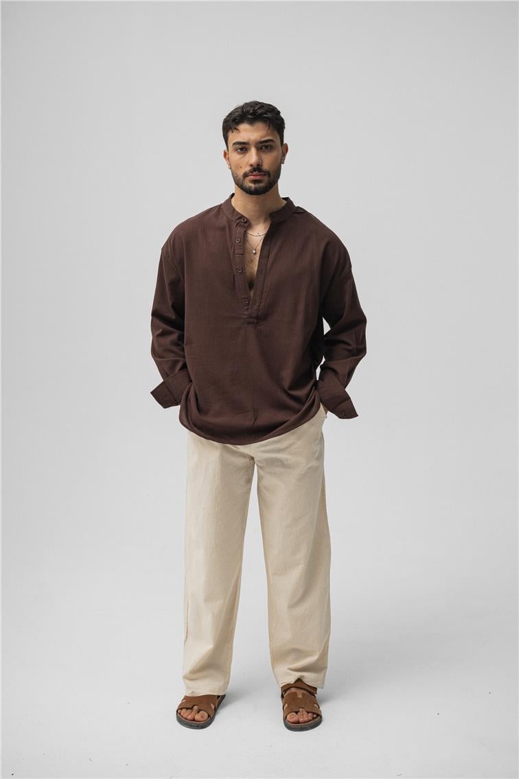 Oversize Keten T-Shirt Kahve