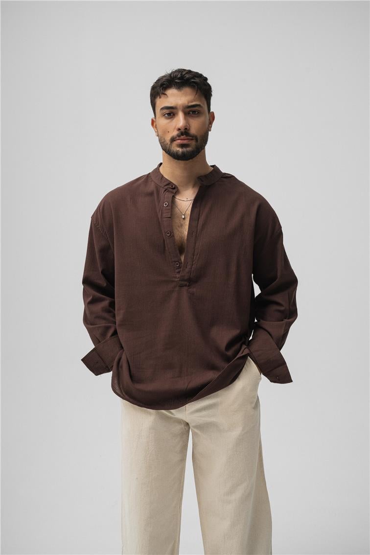 Oversize Keten T-Shirt Kahve