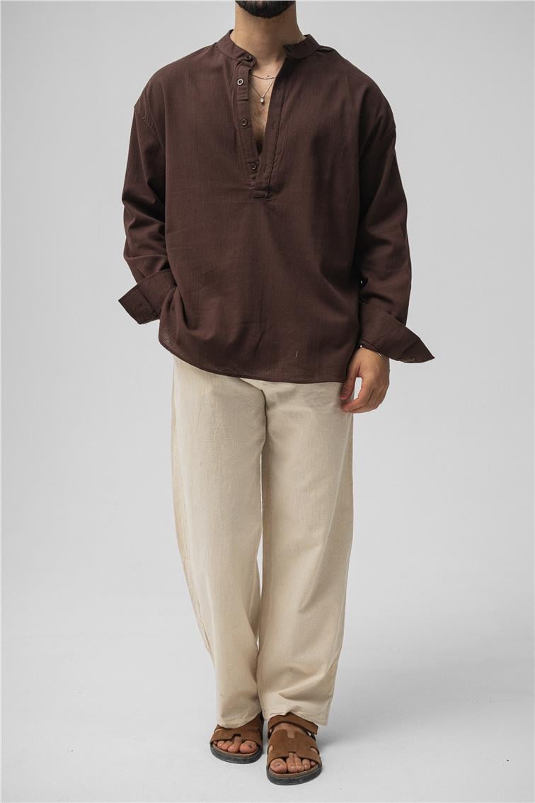 Oversize Keten T-Shirt Kahve