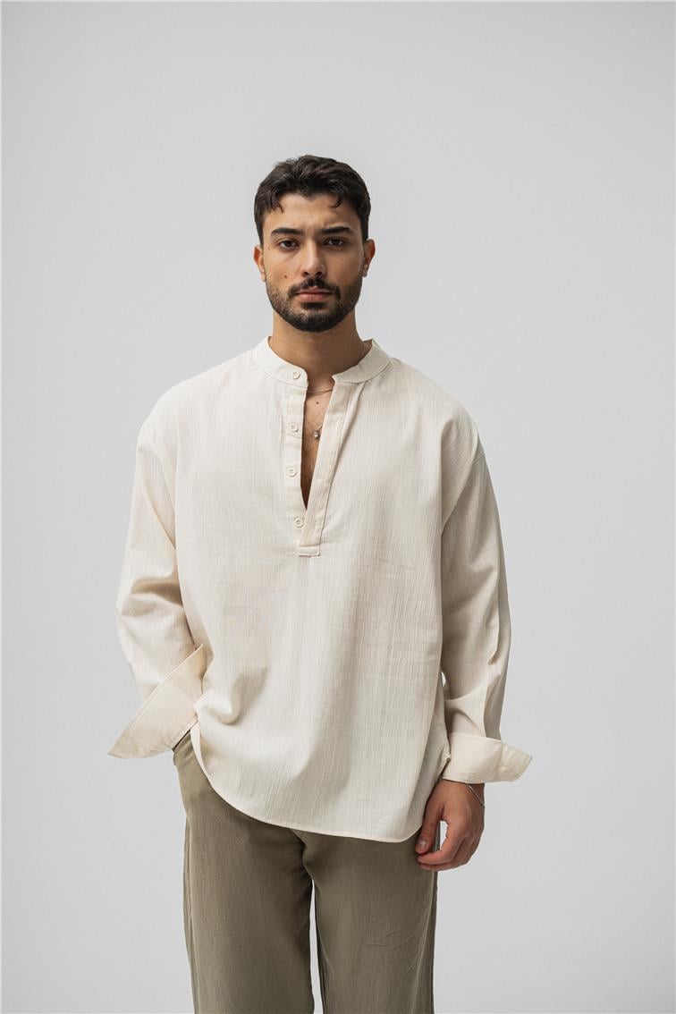 Oversize Keten T-Shirt Krem