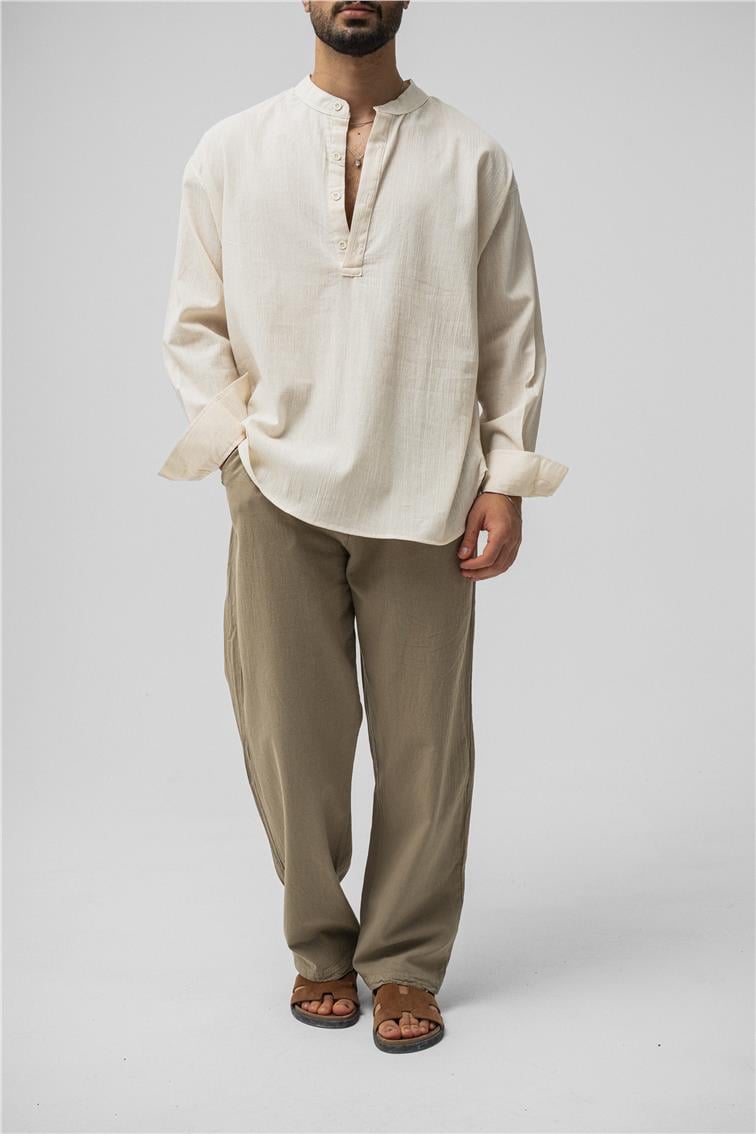 Oversize Keten T-Shirt Krem