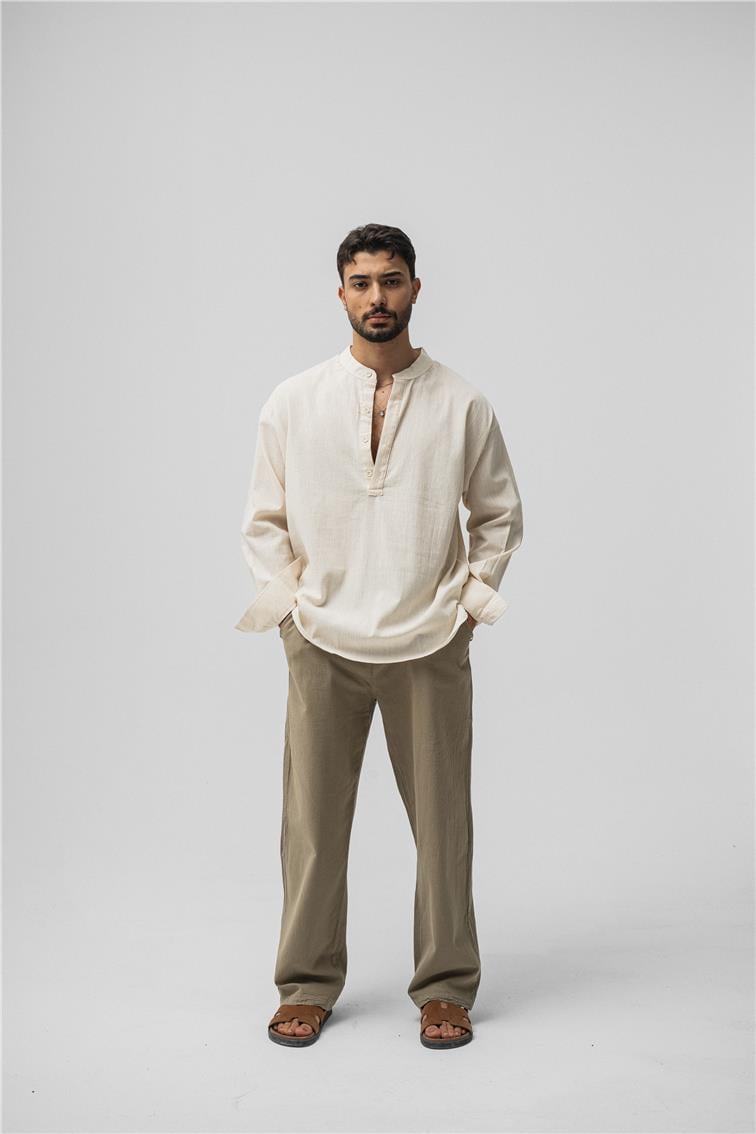 Oversize Keten T-Shirt Krem