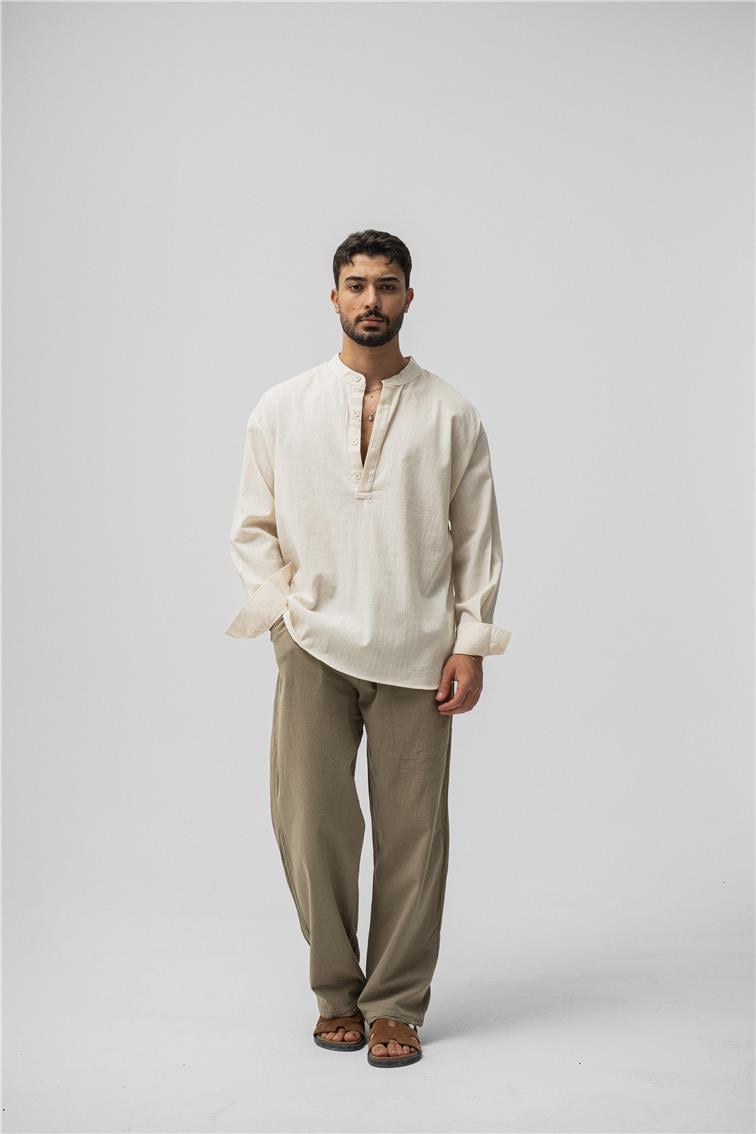 Oversize Keten T-Shirt Krem