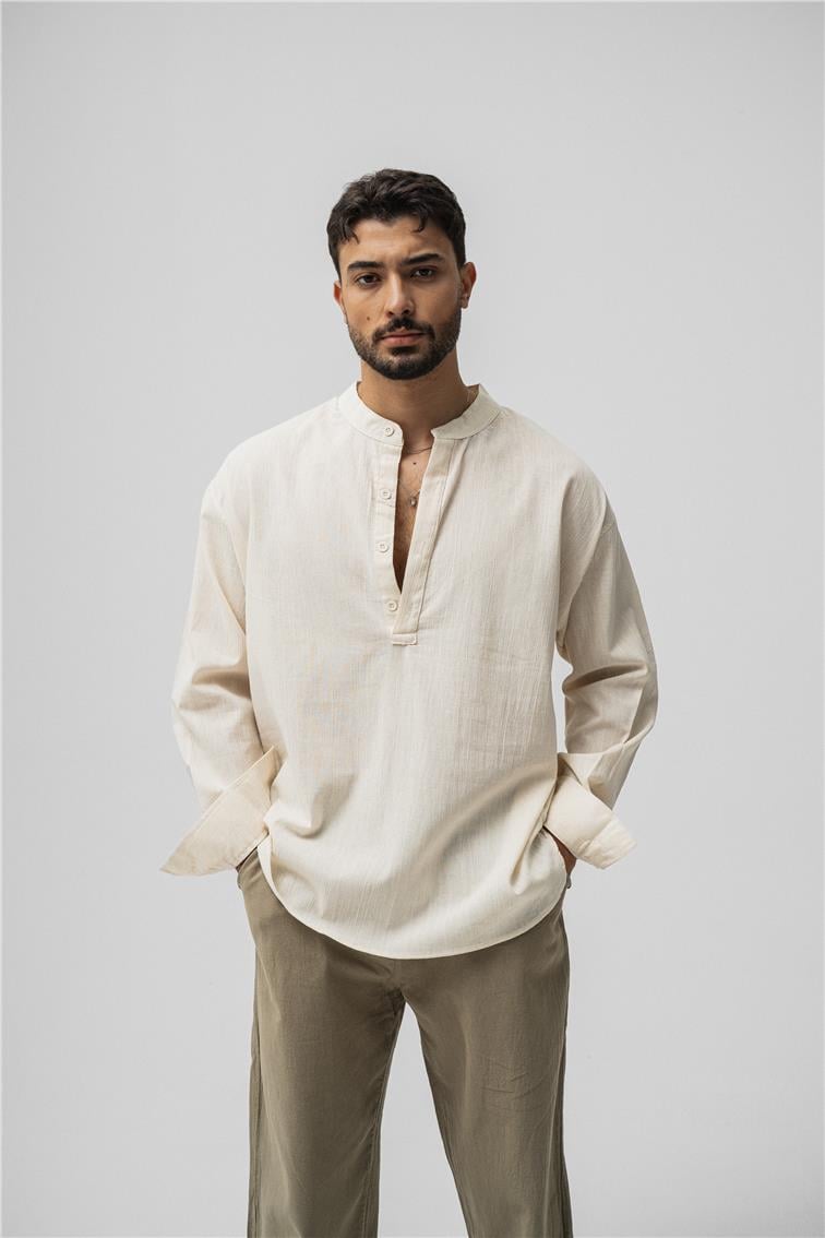 Oversize Keten T-Shirt Krem