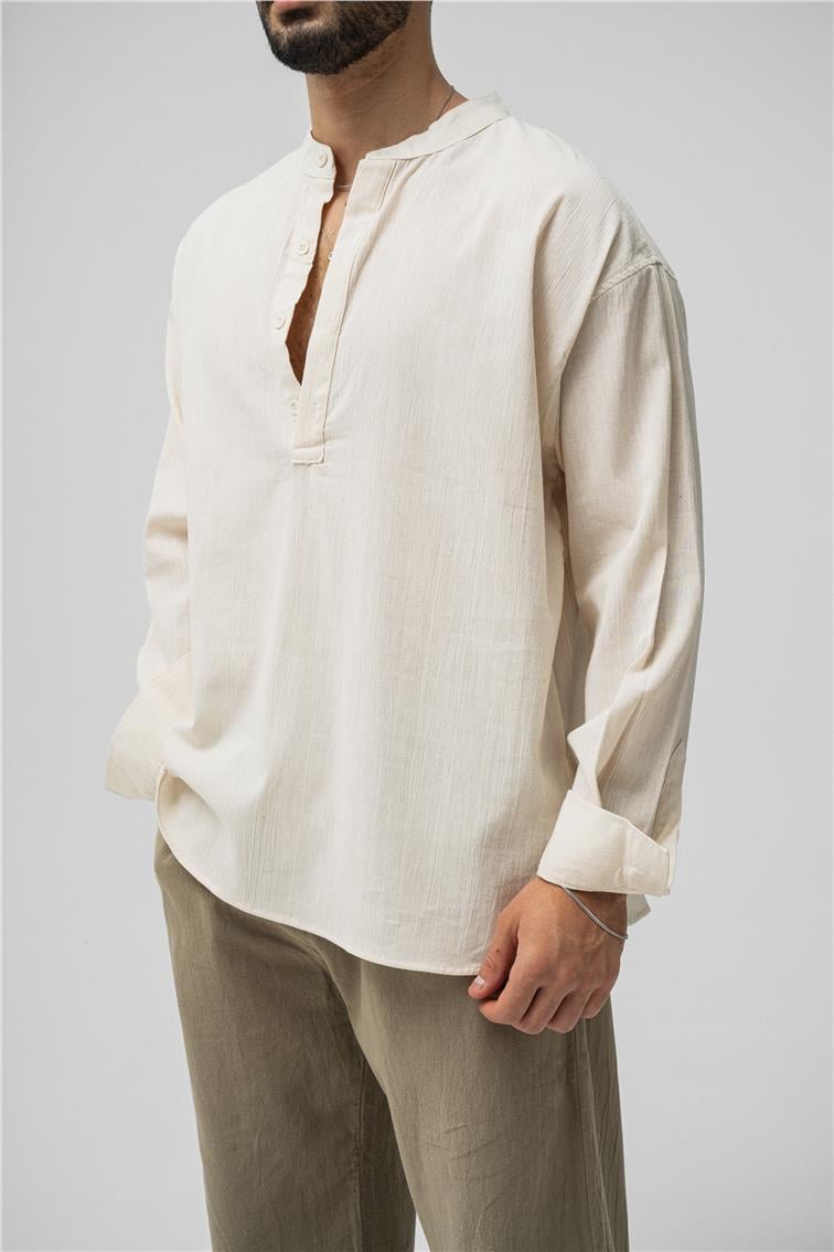 Oversize Keten T-Shirt Krem
