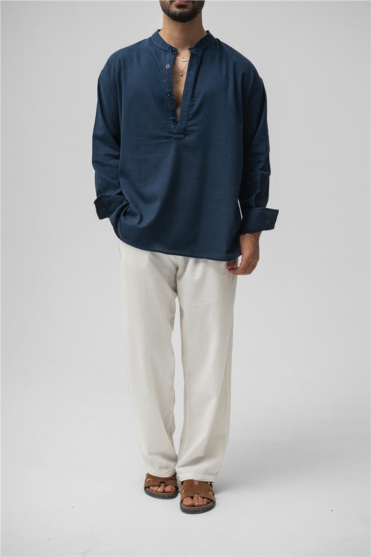 Oversize Keten T-Shirt Lacivert