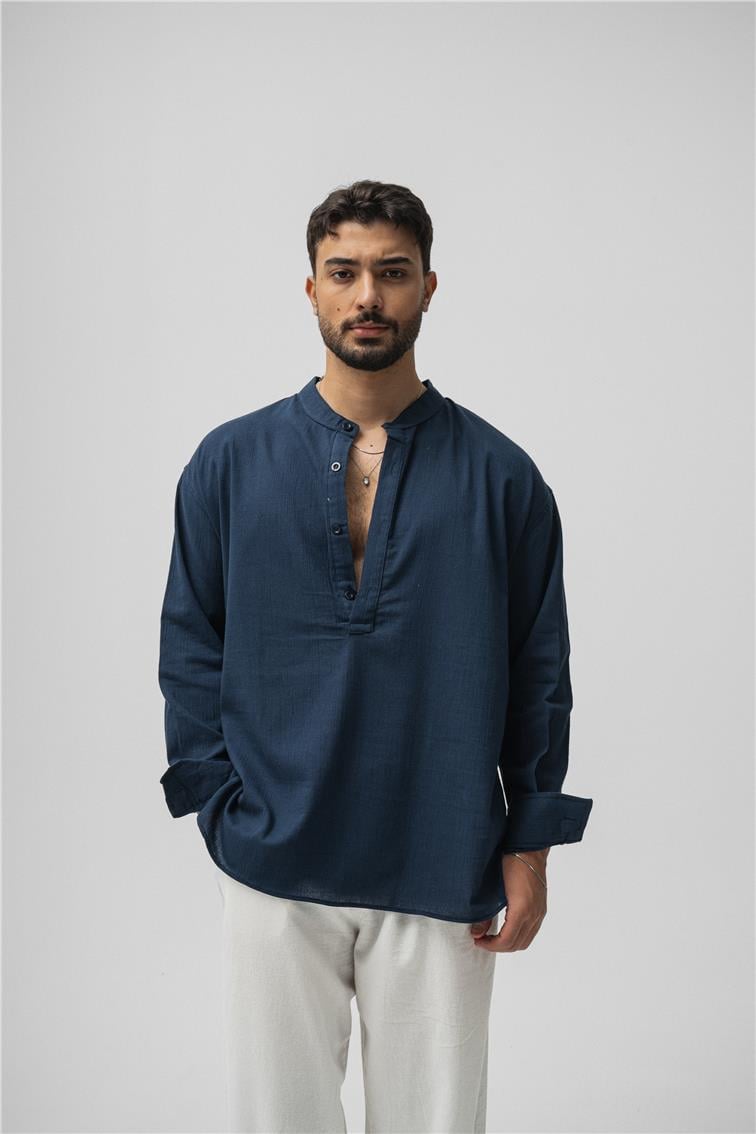 Oversize Keten T-Shirt Lacivert