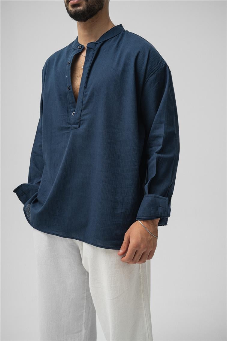 Oversize Keten T-Shirt Lacivert