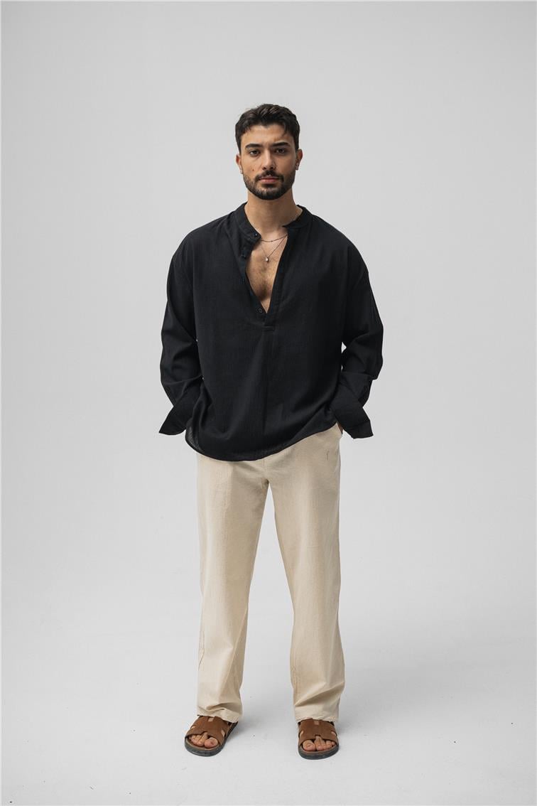 Oversize Keten T-Shirt Siyah