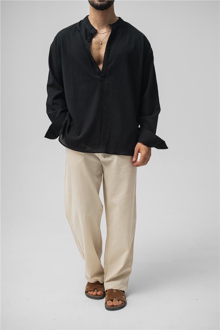 Oversize Keten T-Shirt Siyah