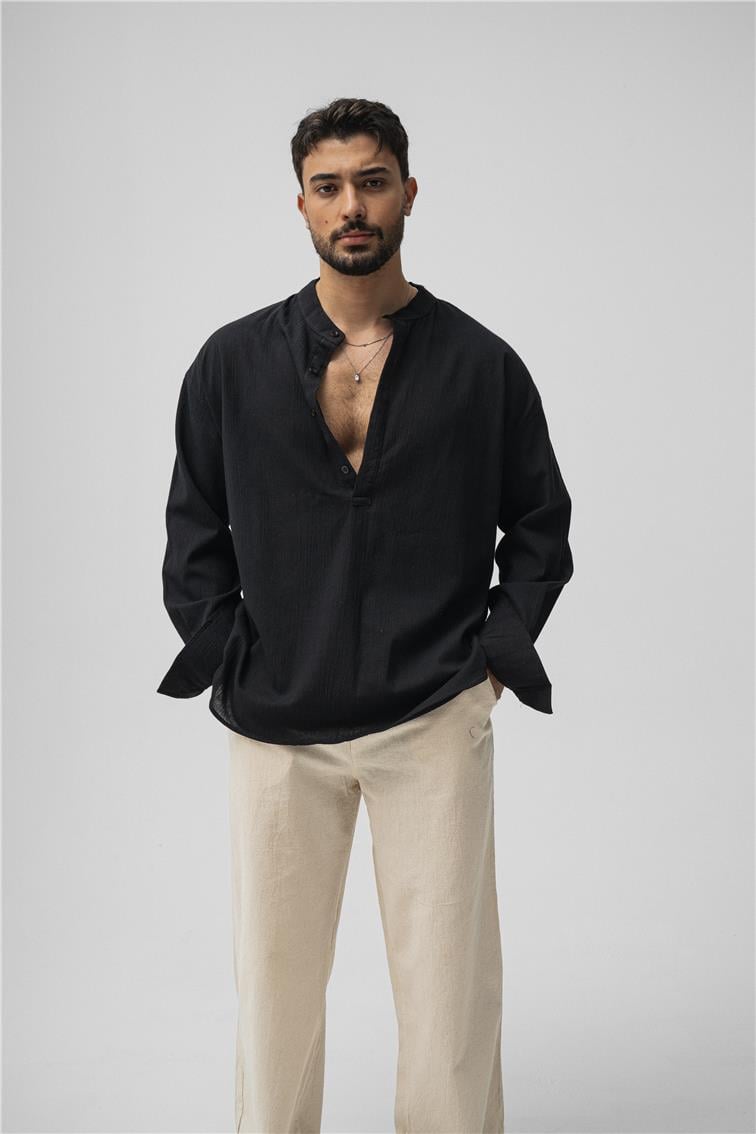 Oversize Keten T-Shirt Siyah
