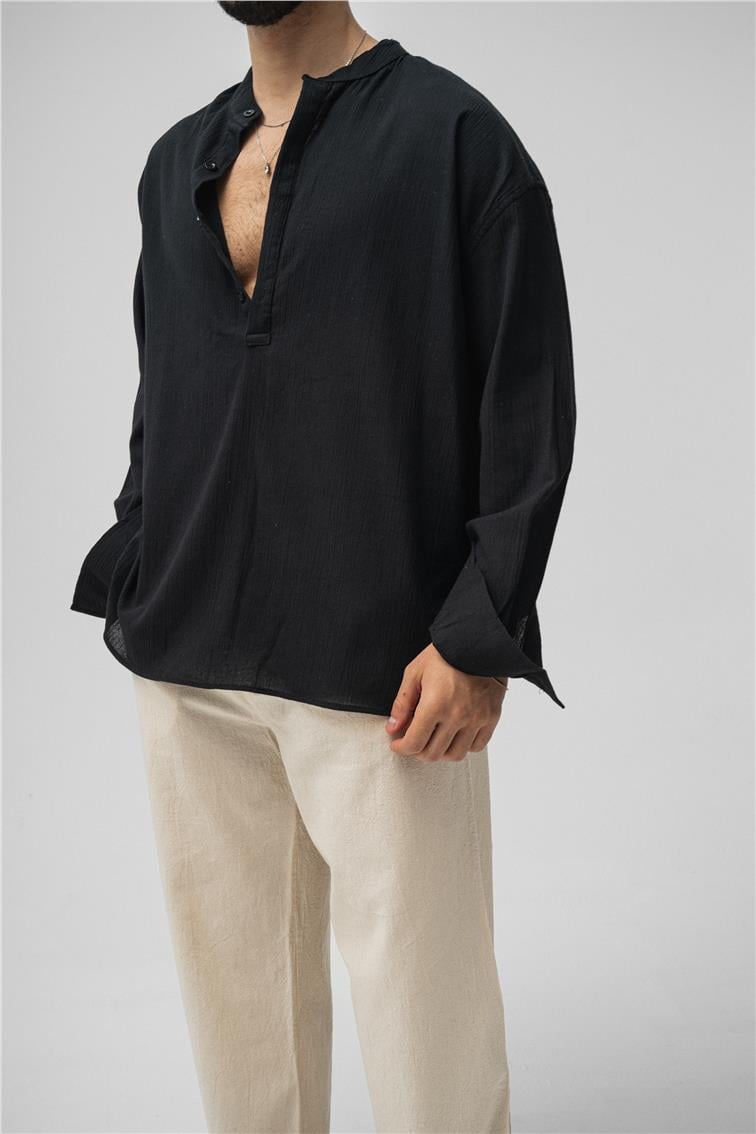 Oversize Keten T-Shirt Siyah