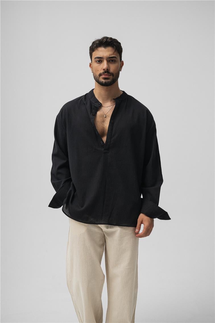 Oversize Keten T-Shirt Siyah