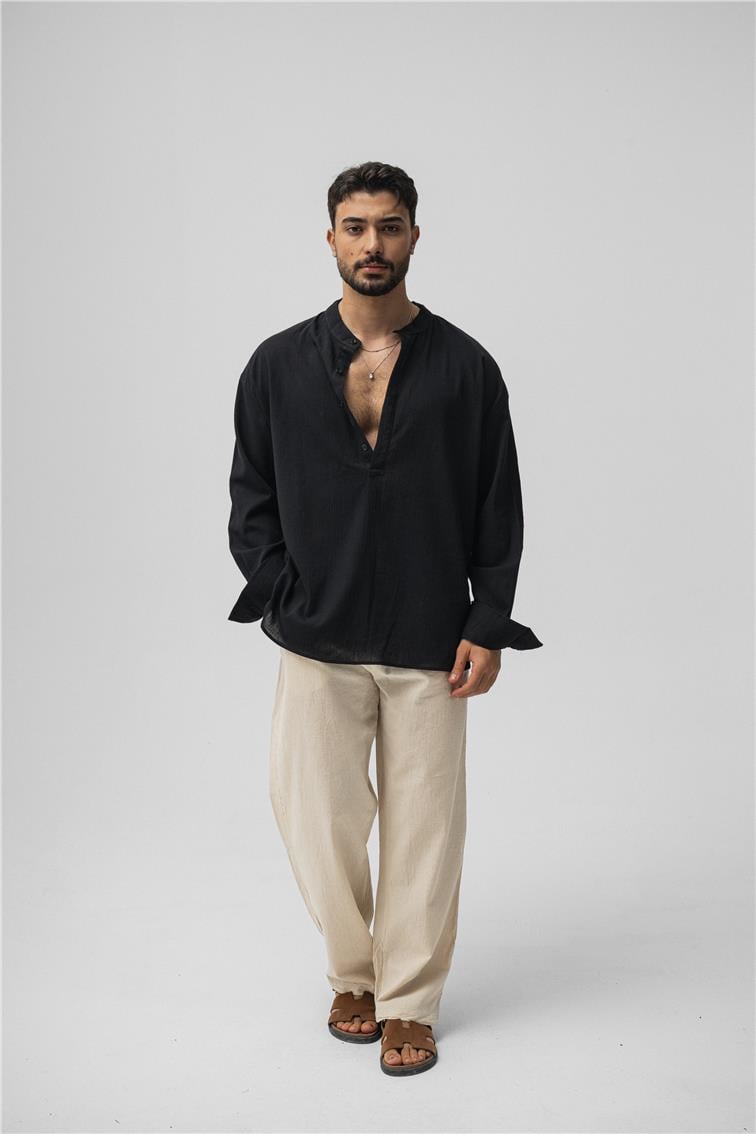 Oversize Keten T-Shirt Siyah