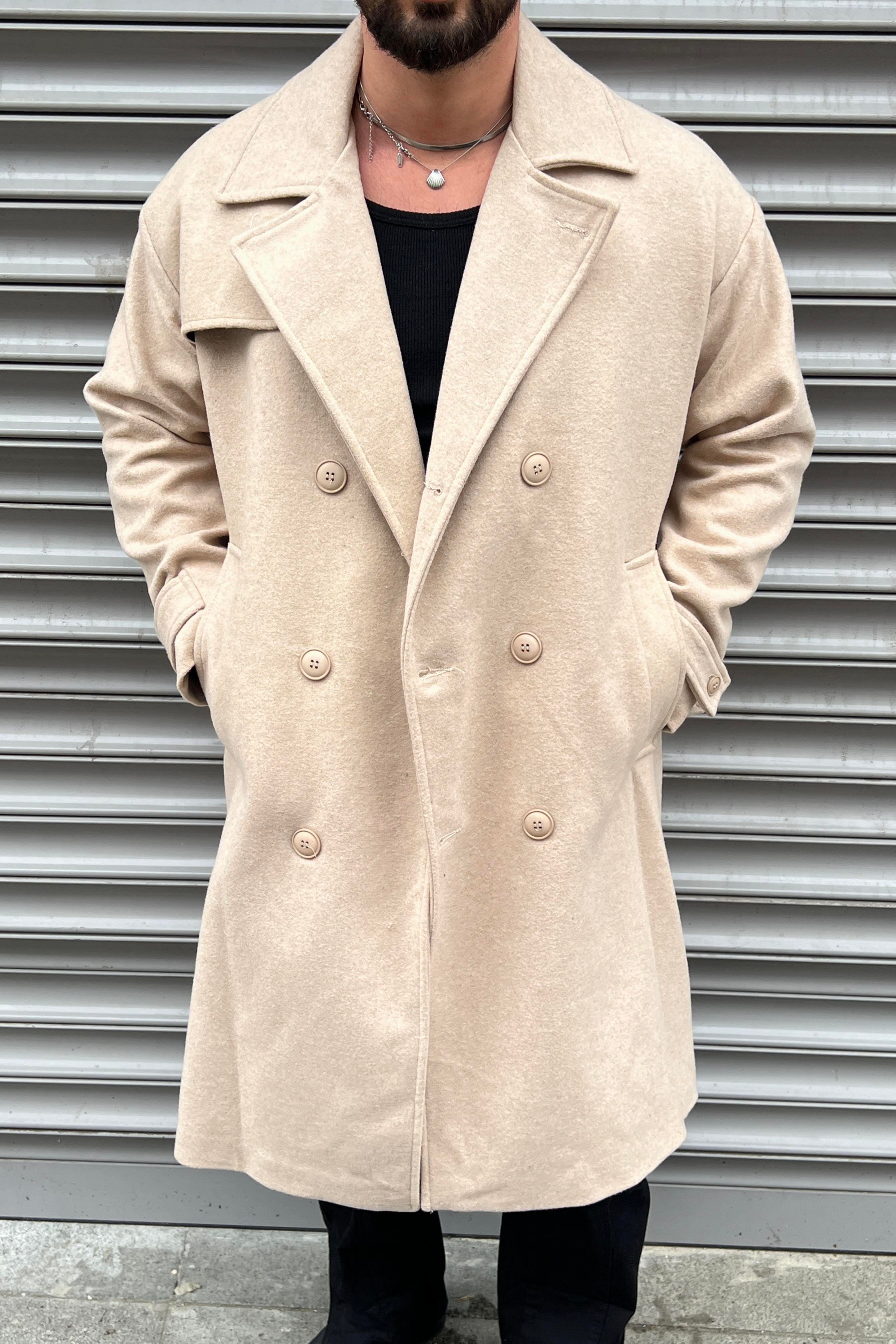 Oversize  Kol Detay Kaşe Kaban Bej