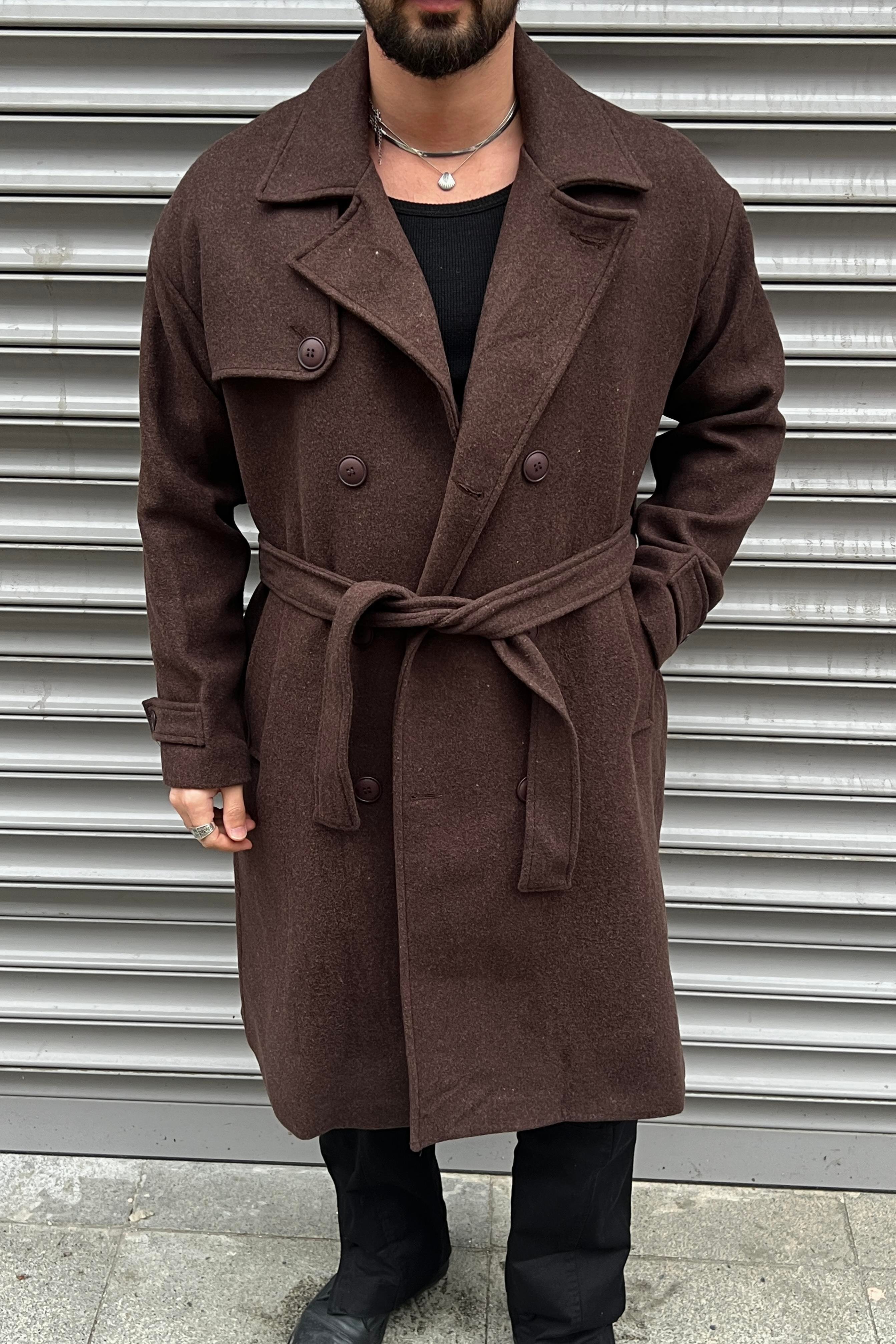 Oversize  Kol Detay Kaşe Kaban Kahve