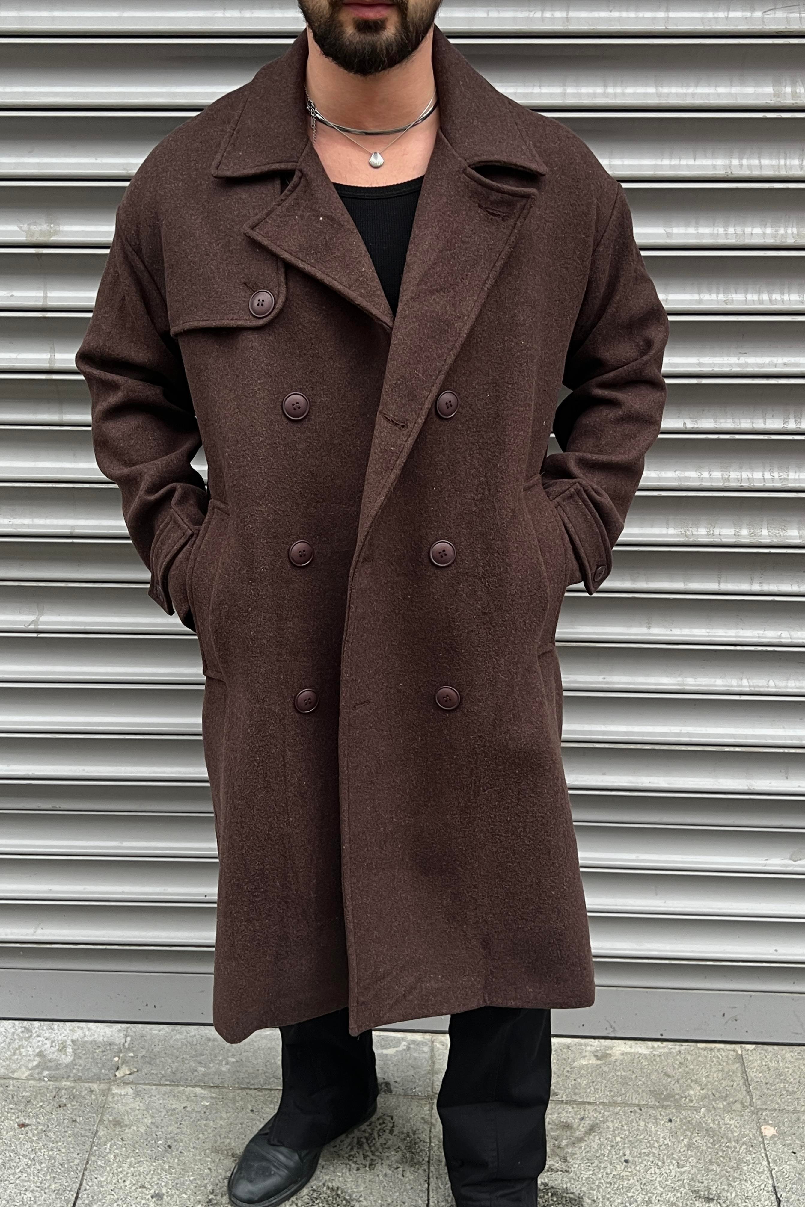 Oversize  Kol Detay Kaşe Kaban Kahve