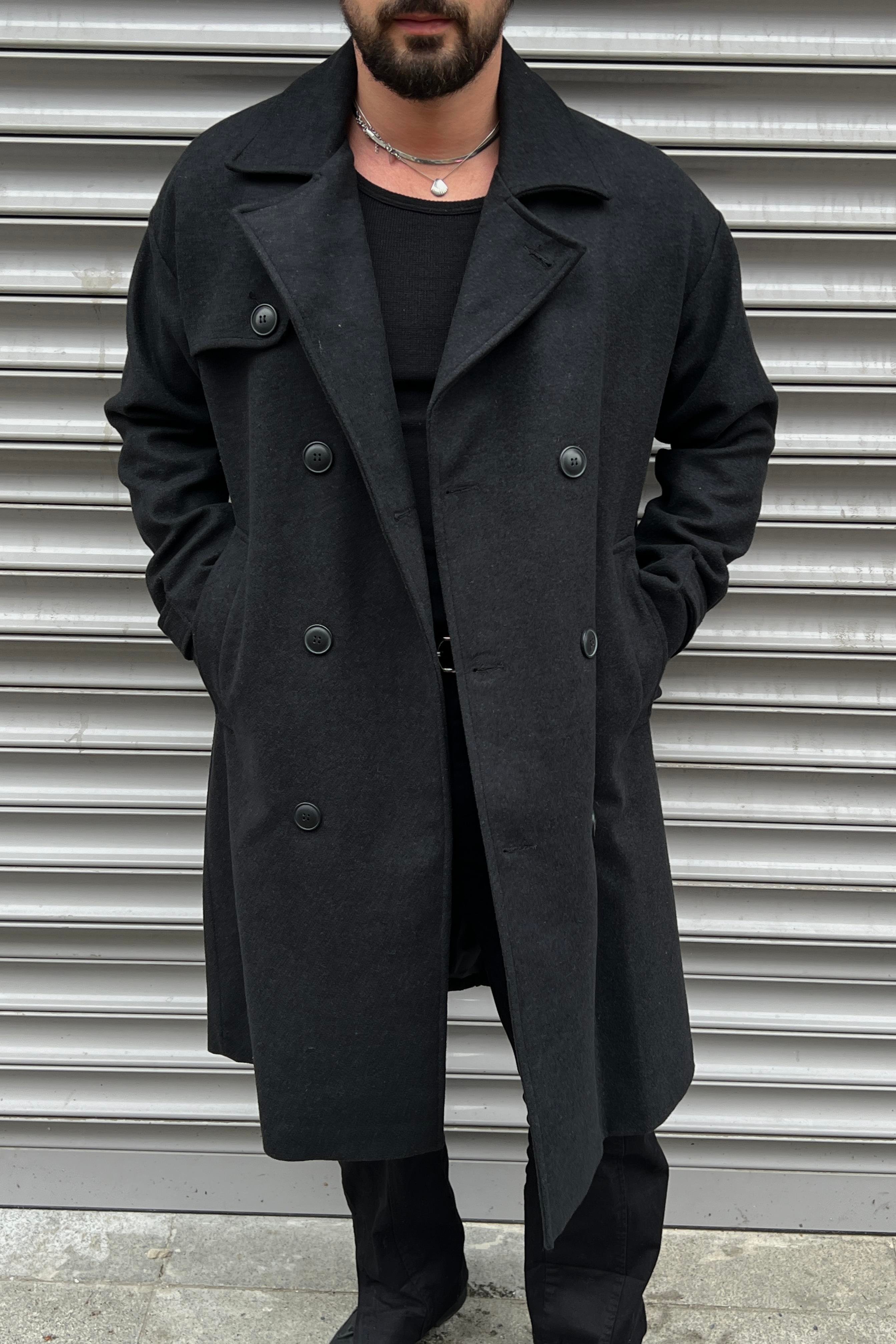 Oversize  Kol Detay Kaşe Kaban Siyah