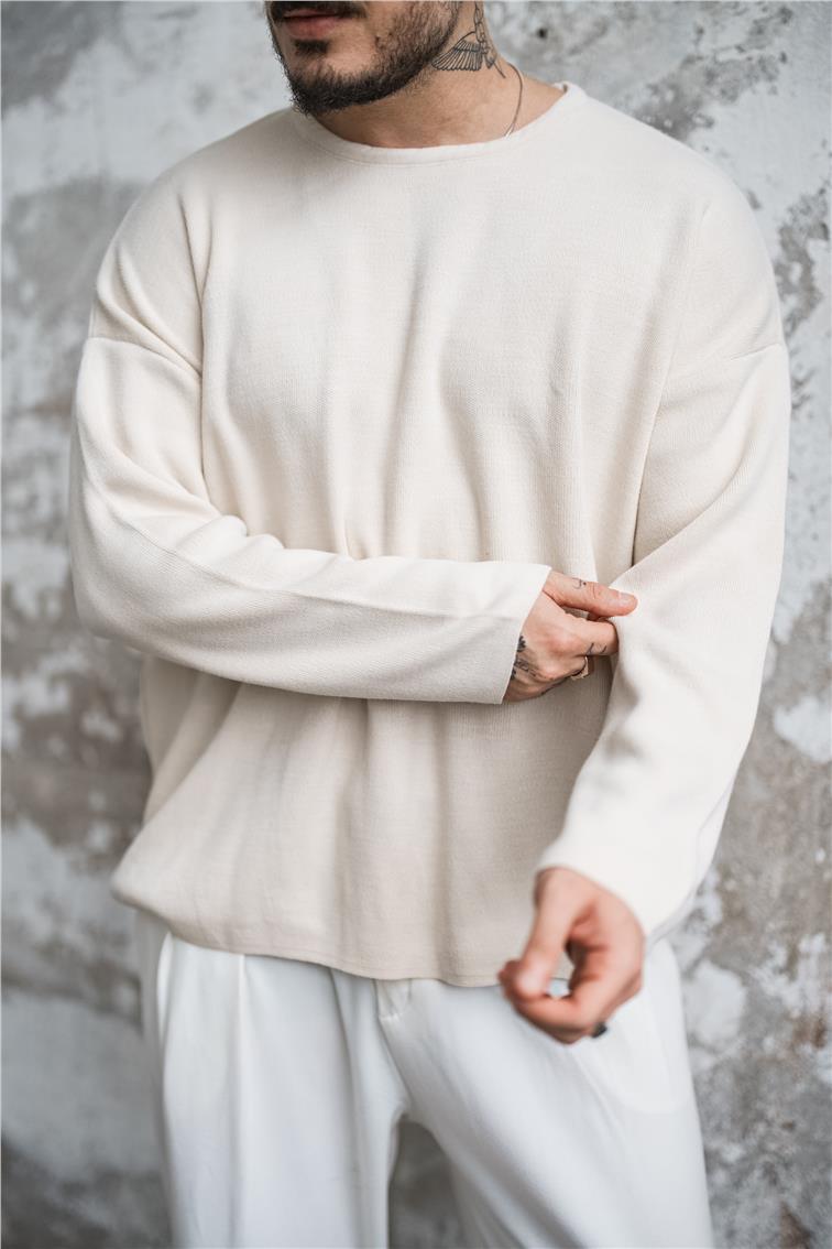 Oversize Pamuklu Triko Kazak Krem