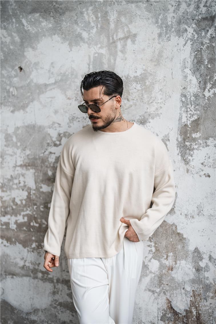 Oversize Pamuklu Triko Kazak Krem