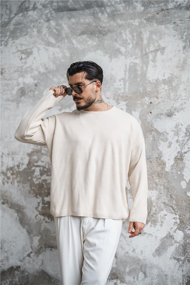 Oversize Pamuklu Triko Kazak Krem