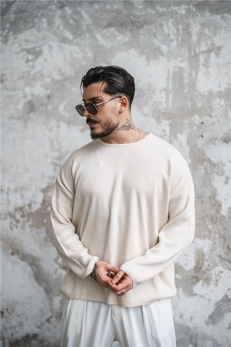 Oversize Pamuklu Triko Kazak Krem