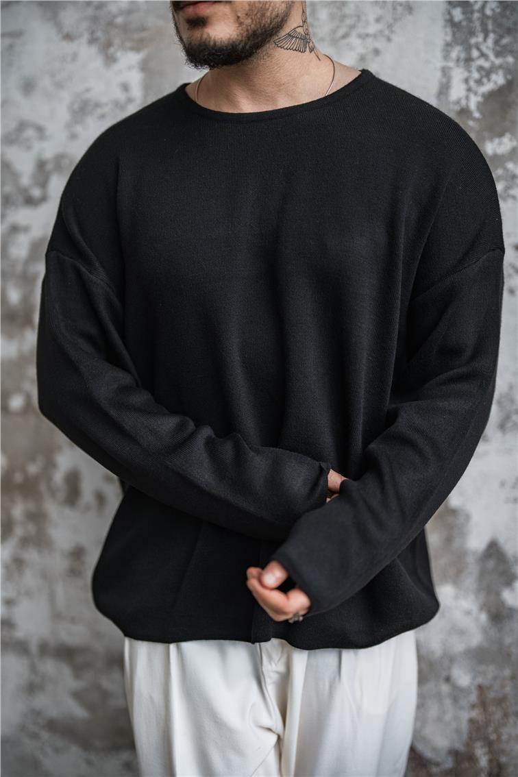 Oversize Pamuklu Triko Kazak Siyah