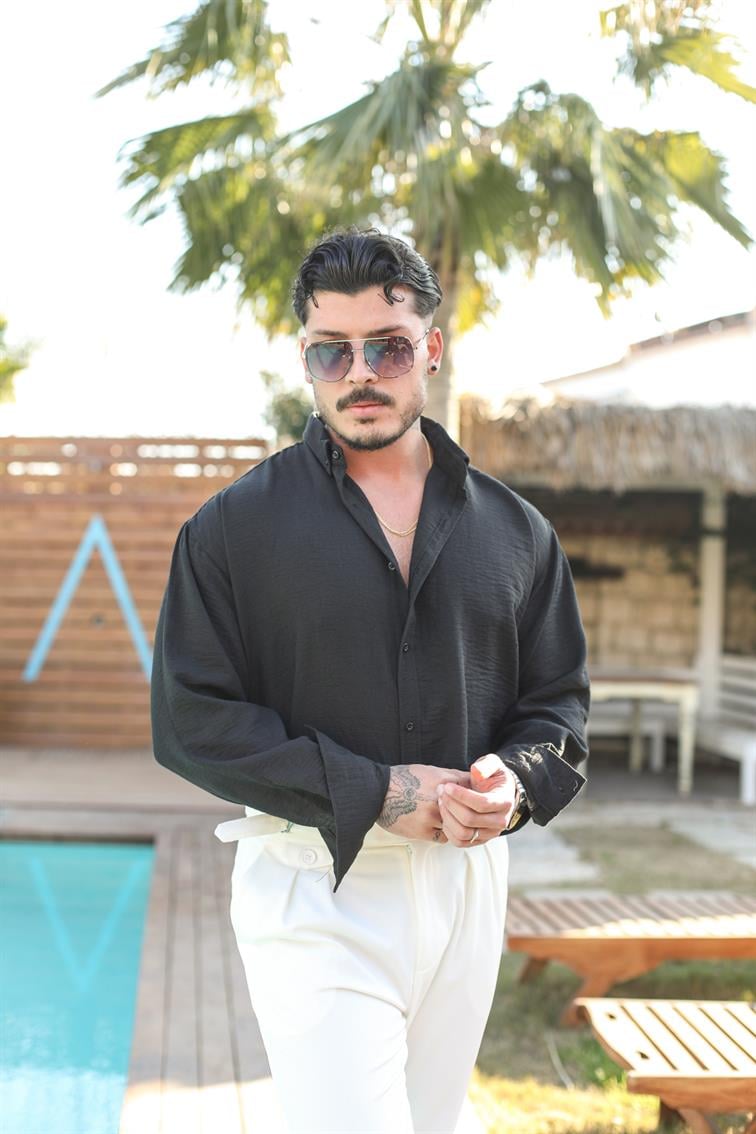 Oversize Yaka Düğmeli Dokulu Gömlek Siyah