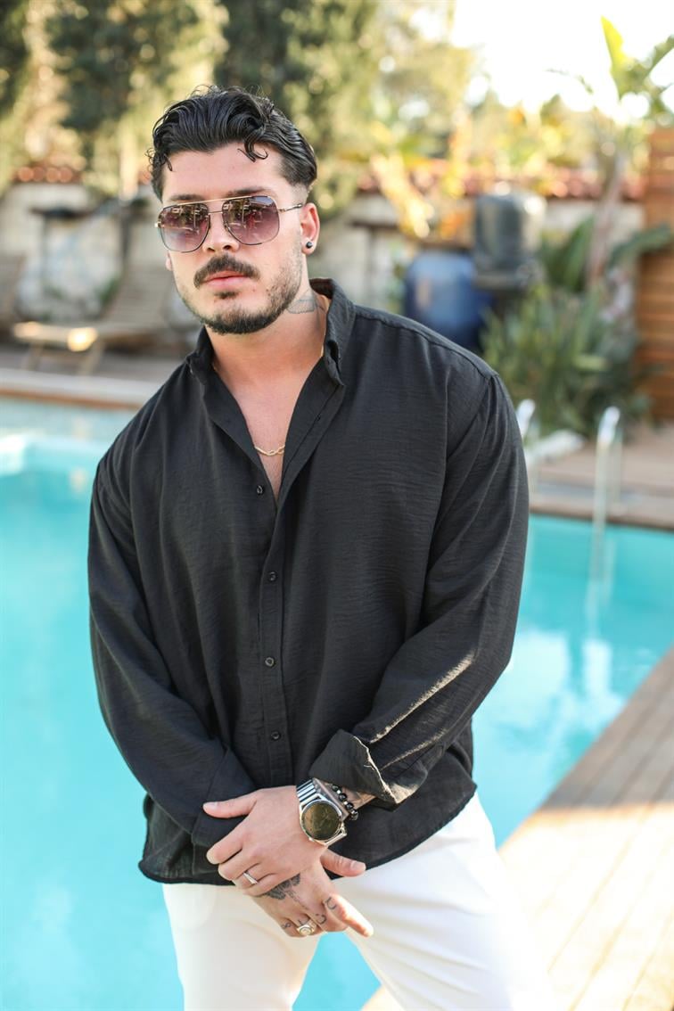 Oversize Yaka Düğmeli Dokulu Gömlek Siyah