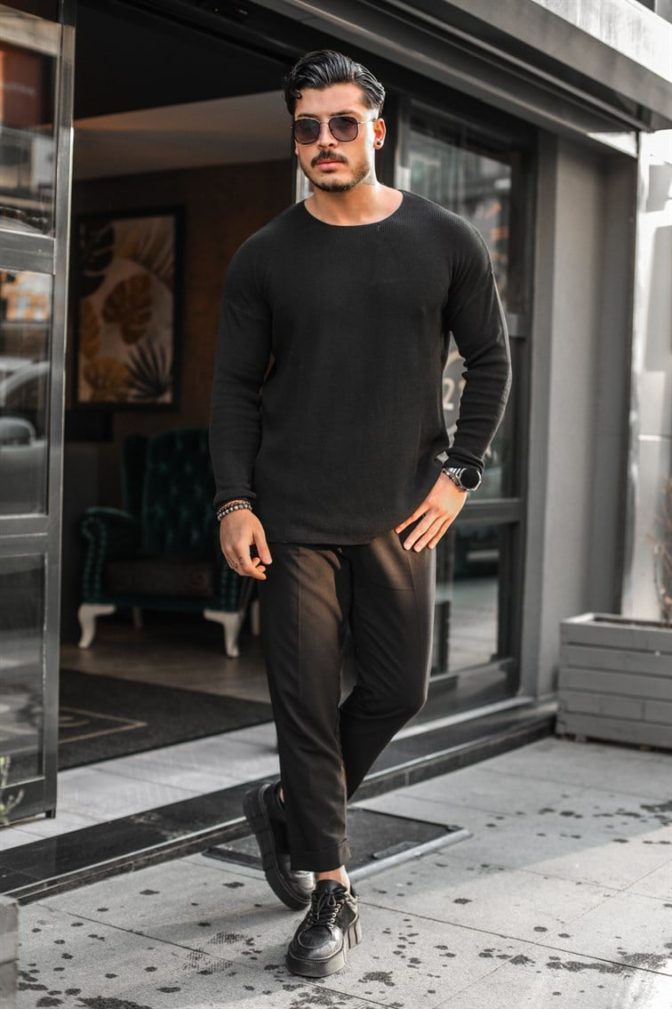 Oversize Yakasız Örgülü Kazak
