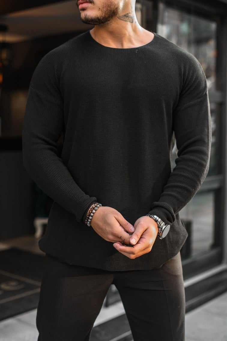 Oversize Yakasız Örgülü Kazak