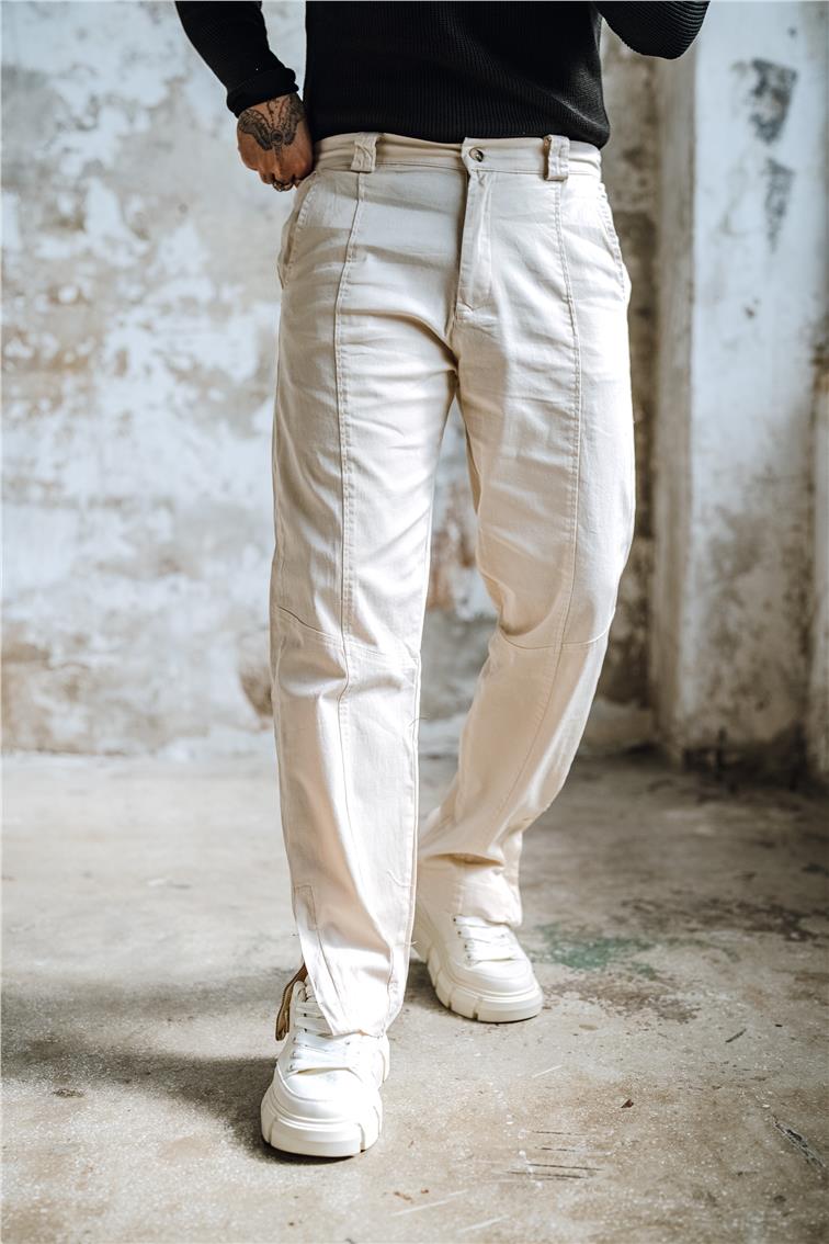 Paça Fermuarlı Baggy Pantolon Krem